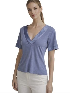 Bebe Blue V-Neck Tie Back Top. Silky Stretch Short Sleeve Blouse. Size M.
